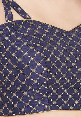 Salwar Studio Women's Navy Blue Dupion Silk Readymade Saree Blouse 5