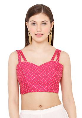 Salwar Studio Women's Tomato Pink Dupion Silk Readymade Saree Blouse 1