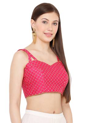 Salwar Studio Women's Tomato Pink Dupion Silk Readymade Saree Blouse 3
