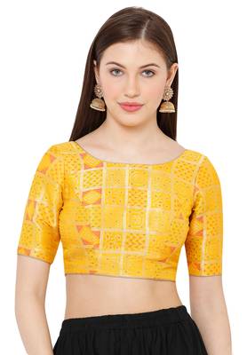 Salwar Studio Women's Yellow Brocade Readymade Saree Blouse 1