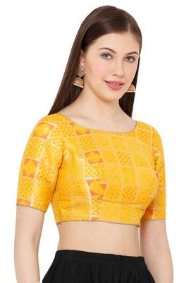 Salwar Studio Women's Yellow Brocade Readymade Saree Blouse 3