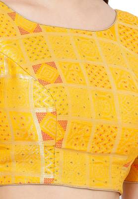 Salwar Studio Women's Yellow Brocade Readymade Saree Blouse 5