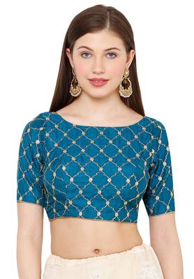 Salwar Studio Women's Sky Blue Silk Readymade Saree Blouse 1