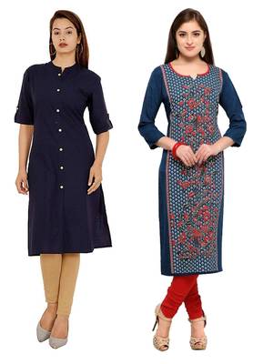 Mirraw Classiques Plain Navy Blue Regular And Blue-Red Printed Crepe Cotton Stitched Kurtis ( Pack of 2 ) 1