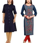 Mirraw Classiques Plain Navy Blue Regular And Blue-Red Printed Crepe Cotton Stitched Kurtis ( Pack of 2 )