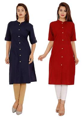Mirraw Classiques Plain Navy Blue And Red Regular Cotton Stitched Kurtis ( Pack of 2 ) 1