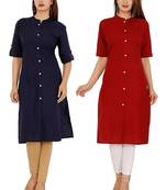 Mirraw Classiques Plain Navy Blue And Red Regular Cotton Stitched Kurtis ( Pack of 2 )
