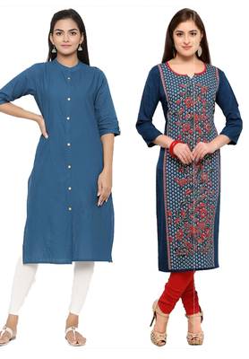Mirraw Classiques Plain Blue Regular And Blue-Red Printed Crepe Cotton Stitched Kurtis ( Pack of 2 ) 1