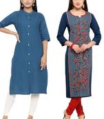 Mirraw Classiques Plain Blue Regular And Blue-Red Printed Crepe Cotton Stitched Kurtis ( Pack of 2 )