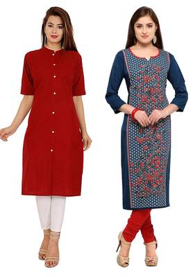 Mirraw Classiques Plain Red Regular And Blue-Red Printed Crepe Cotton Stitched Kurtis ( Pack of 2 ) 1