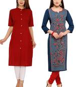 Mirraw Classiques Plain Red Regular And Blue-Red Printed Crepe Cotton Stitched Kurtis ( Pack of 2 )