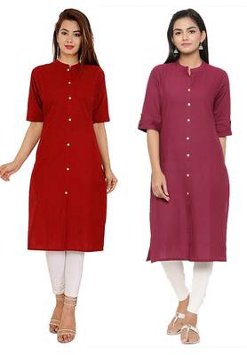 Mirraw Classiques Plain Red And Pink Regular Cotton Stitched Kurtis ( Pack of 2 ) 1