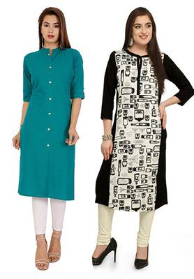 Mirraw Classiques Plain Turquoise Regular And Black-White Printed Crepe Cotton Stitched Kurtis ( Pack of 2 ) 1