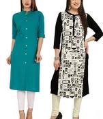 Mirraw Classiques Plain Turquoise Regular And Black-White Printed Crepe Cotton Stitched Kurtis ( Pack of 2 )