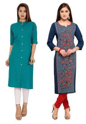 Mirraw Classiques Plain Turquoise Regular And Blue-Red Printed Crepe Cotton Stitched Kurtis ( Pack of 2 ) 1