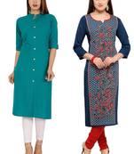 Mirraw Classiques Plain Turquoise Regular And Blue-Red Printed Crepe Cotton Stitched Kurtis ( Pack of 2 )