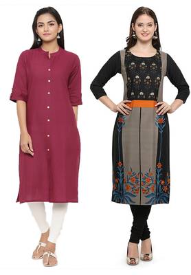 Mirraw Classiques Plain Pink Regular And Black Printed Crepe Cotton Stitched Kurtis ( Pack of 2 ) 1