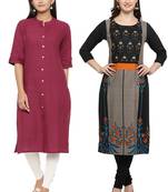 Mirraw Classiques Plain Pink Regular And Black Printed Crepe Cotton Stitched Kurtis ( Pack of 2 )