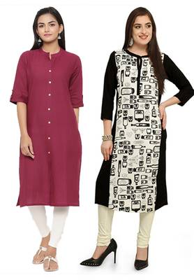 Mirraw Classiques Plain Pink Regular And Black-White Printed Crepe Cotton Stitched Kurtis ( Pack of 2 ) 1