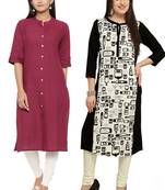 Mirraw Classiques Plain Pink Regular And Black-White Printed Crepe Cotton Stitched Kurtis ( Pack of 2 )