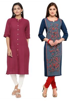Mirraw Classiques Plain Pink Regular And Blue-Red Printed Crepe Cotton Stitched Kurtis ( Pack of 2 ) 1