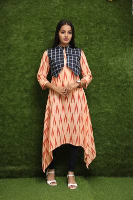 Women Orange Long Kurti With Blue Jacket  1