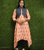 Women Orange Long Kurti With Blue Jacket 