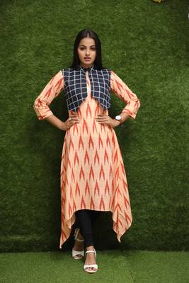 Women Orange Long Kurti With Blue Jacket  2