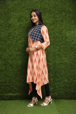 Women Orange Long Kurti With Blue Jacket  3