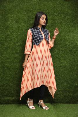 Women Orange Long Kurti With Blue Jacket  4