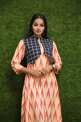 Women Orange Long Kurti With Blue Jacket  5