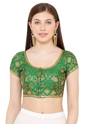 Salwar Studio Women's Green Brocade Readymade Saree Blouse 1