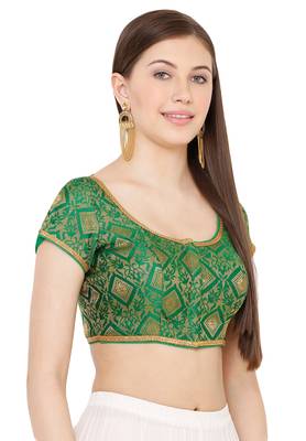 Salwar Studio Women's Green Brocade Readymade Saree Blouse 3