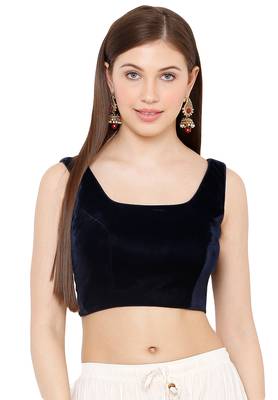 Salwar Studio Women's Navy Blue Velvet Readymade Saree Blouse 1
