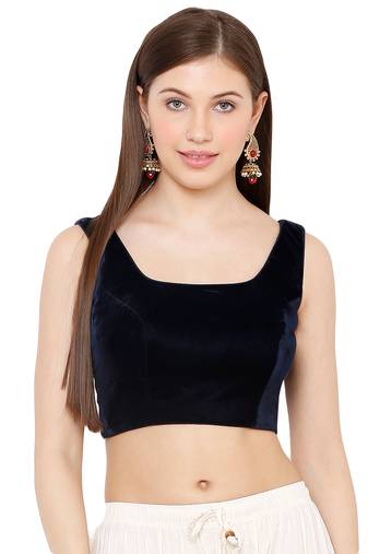 Salwar Studio Women's Navy Blue Velvet Readymade Saree Blouse