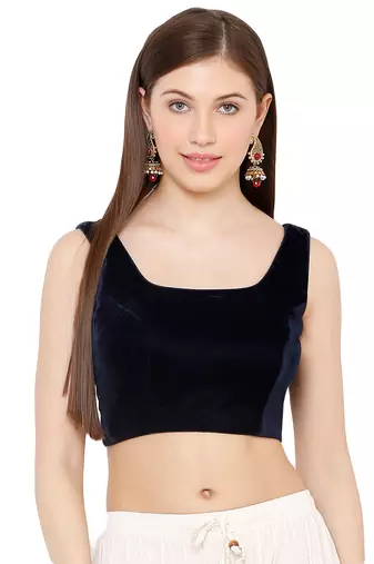 Salwar Studio Women's Navy Blue Velvet Readymade Saree Blouse