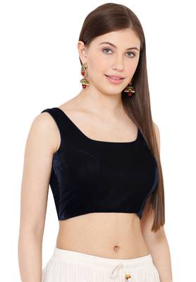 Salwar Studio Women's Navy Blue Velvet Readymade Saree Blouse 3