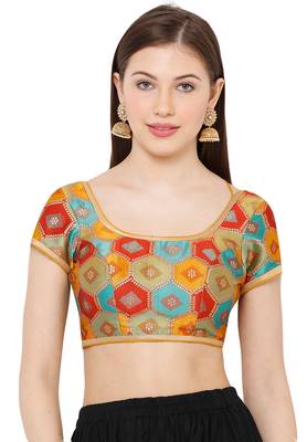 Salwar Studio Women's Mustard Brocade Readymade Saree Blouse 1