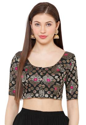 Salwar Studio Women's Black Brocade Readymade Saree Blouse 1
