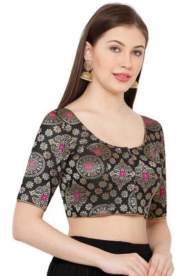 Salwar Studio Women's Black Brocade Readymade Saree Blouse 3