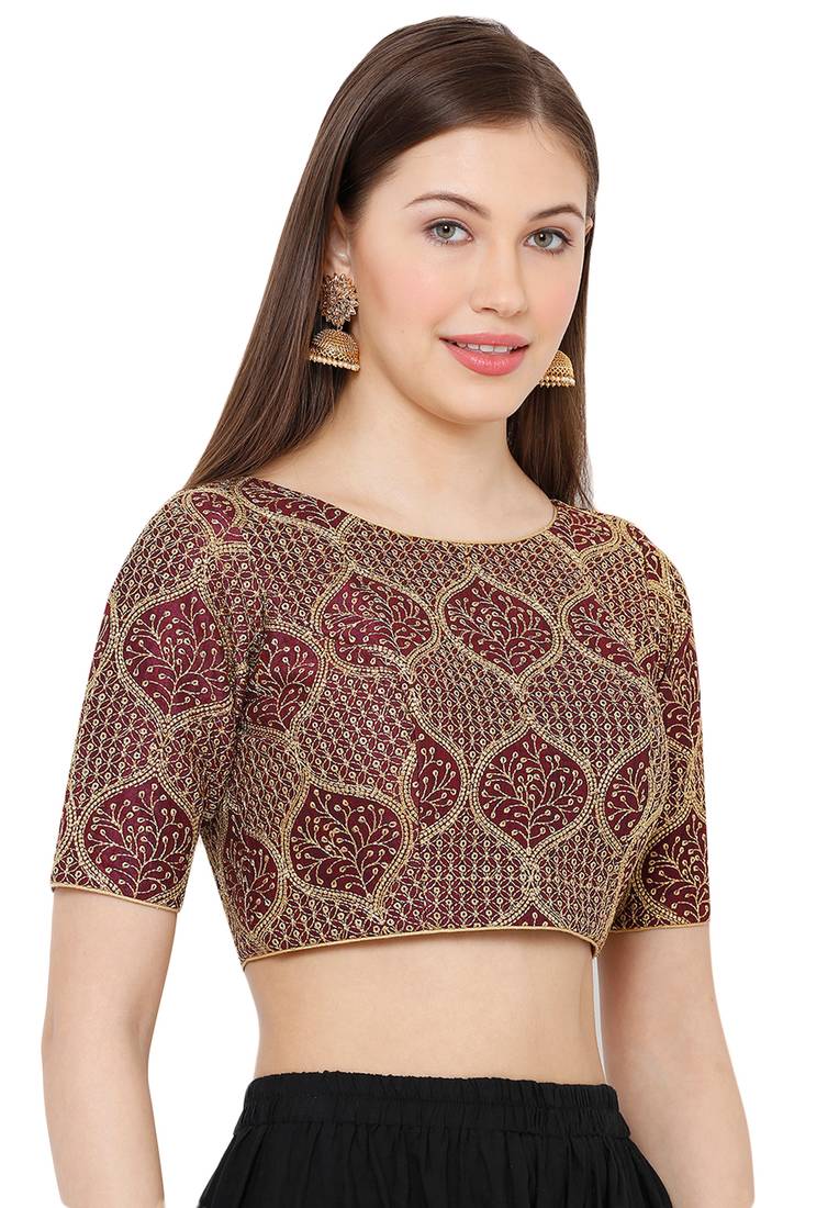 Salwar Studio Women's Wine Mulbury Silk Readymade Saree Blouse Om