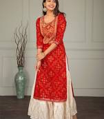 Women's Rayon printed embroidery work kurti  sharara set