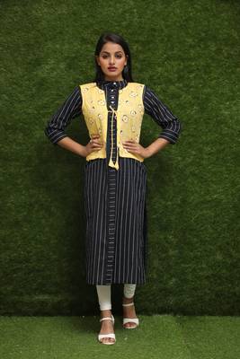 Women Black Kurti With Yellow Jacket  1