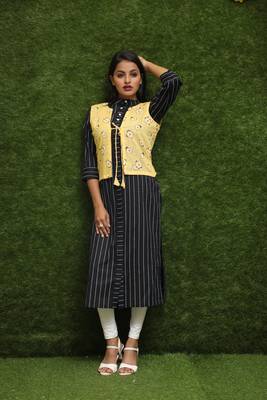 Women Black Kurti With Yellow Jacket  2