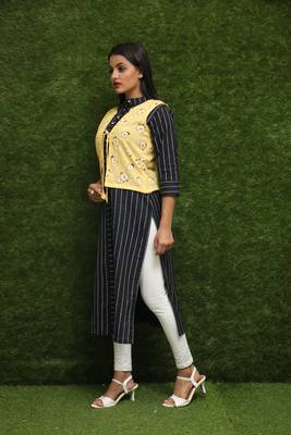 Women Black Kurti With Yellow Jacket  3