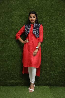 Women Red Kurti With Blue Jacket  1