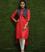 Women Red Kurti With Blue Jacket 