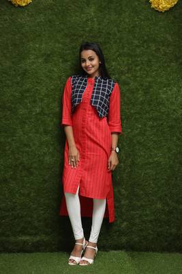 Women Red Kurti With Blue Jacket  2