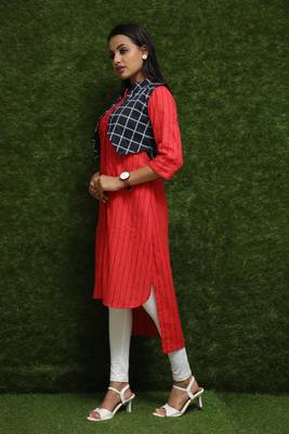 Women Red Kurti With Blue Jacket  3