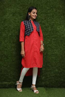 Women Red Kurti With Blue Jacket  4